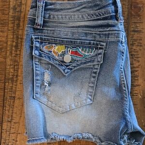 Flamingals Embroidered Blue Denim Shorts